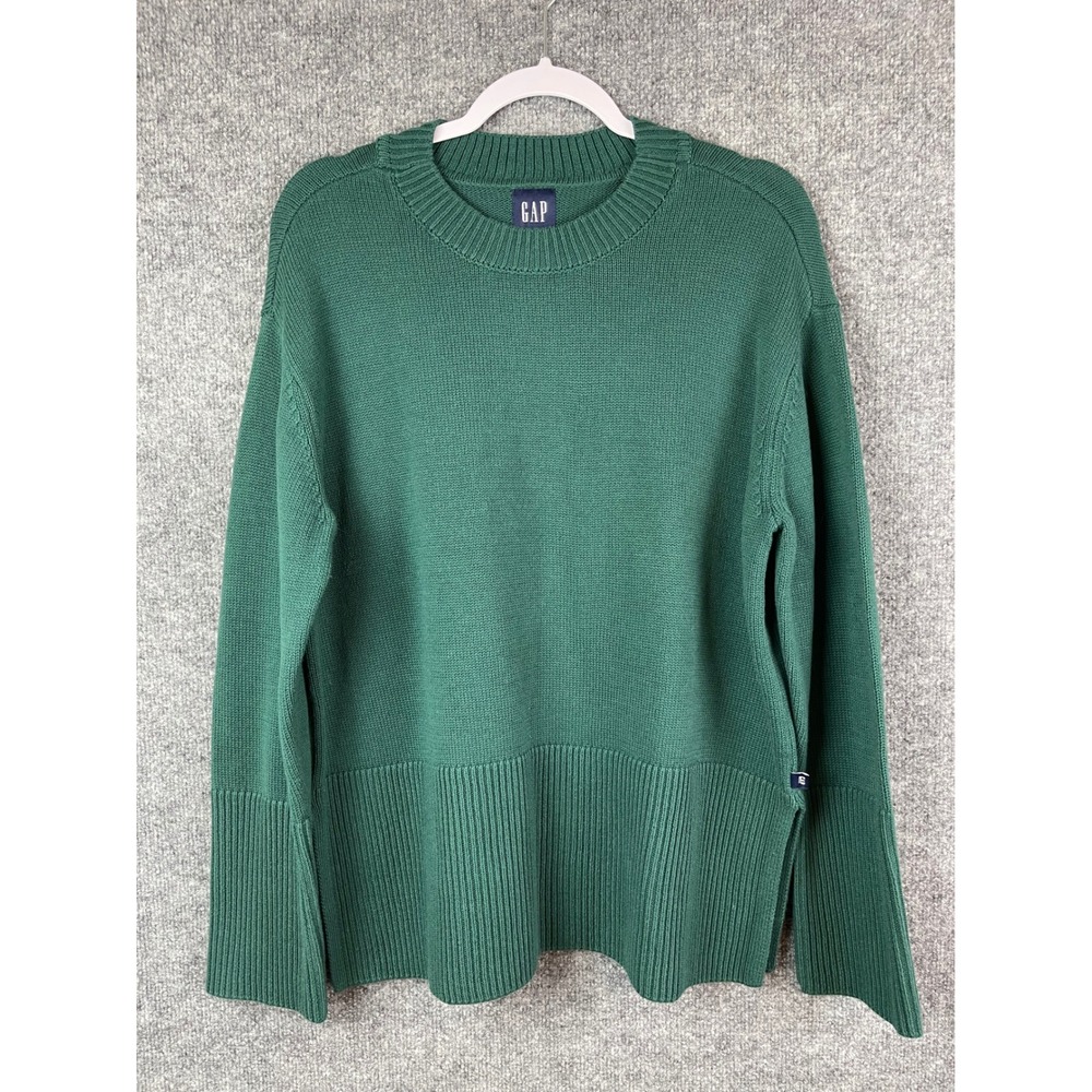 Gap Crewneck Sweater Womens Medium Green NEW Ribbed Knit Side Slit